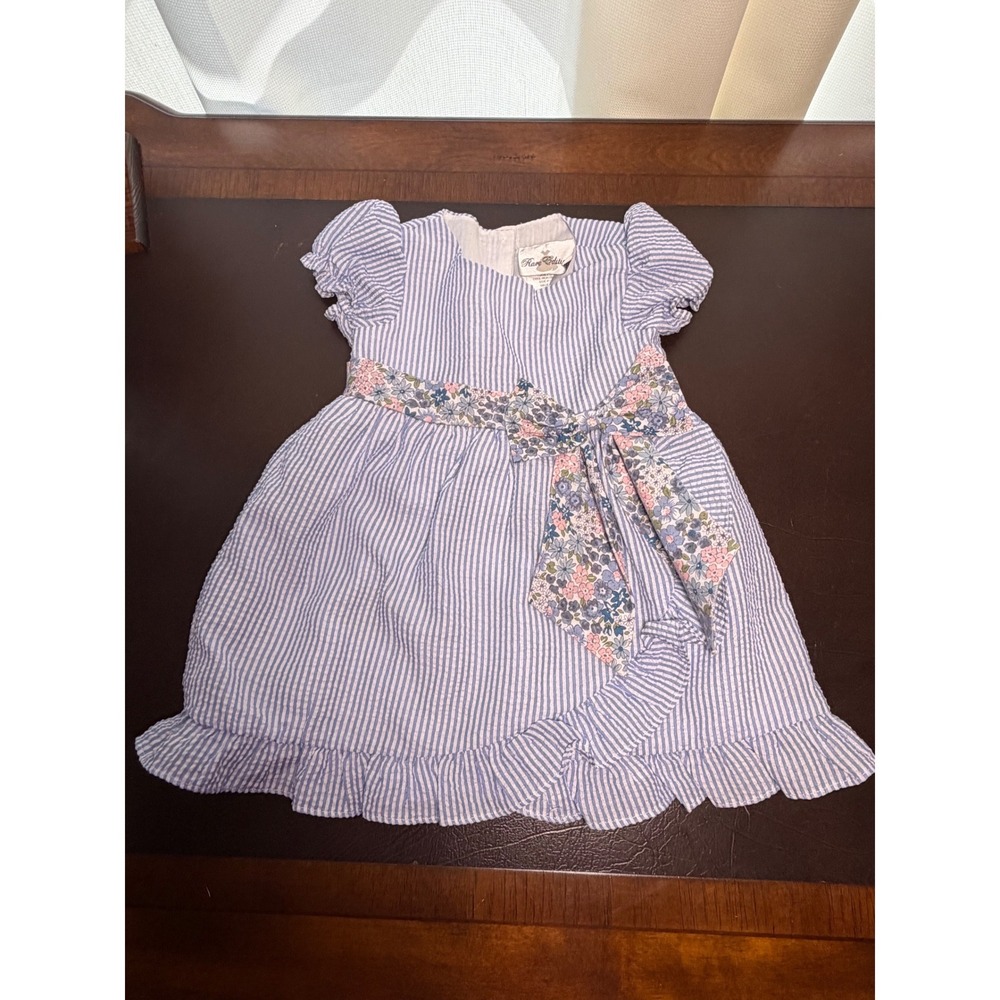 Rare Edition Baby Girls Blue White Seersucker Floral Sash Dress 18M E810083